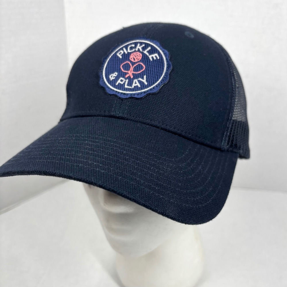 Pickle‎ & Play Snapback Trucker Hat Cap Navy Blue Mesh Pickleball Patch EUC